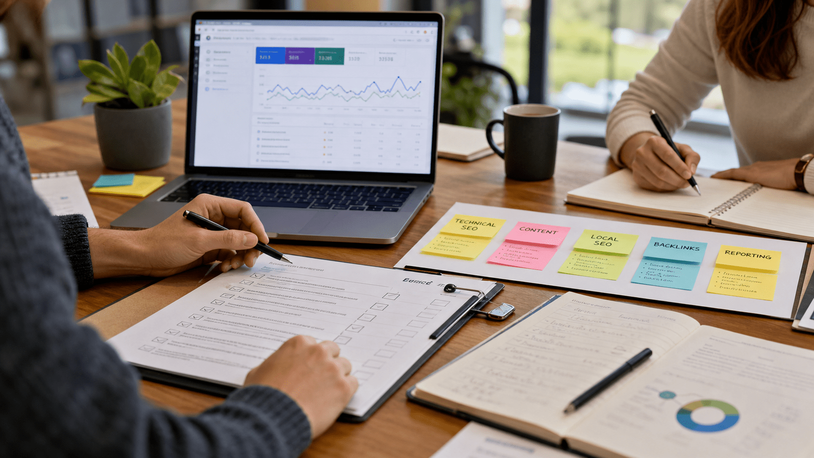 Comment choisir une agence SEO en Belgique en 2026 : critères, questions et pièges à éviter 1 Atelier d'audit SEO avec checklist, ordinateur et graphiques de visibilité organique