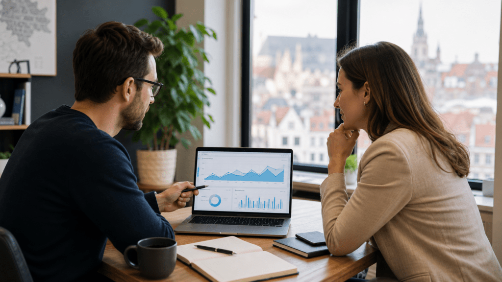 Dirigeant de PME belge discutant avec un consultant SEO devant un tableau de visibilité organique