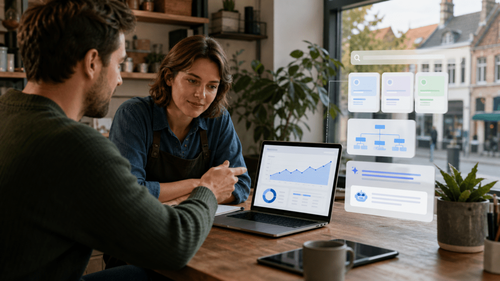 Consultant expliquant le SEO à une entreprise belge avec graphique de visibilité organique et signaux de recherche