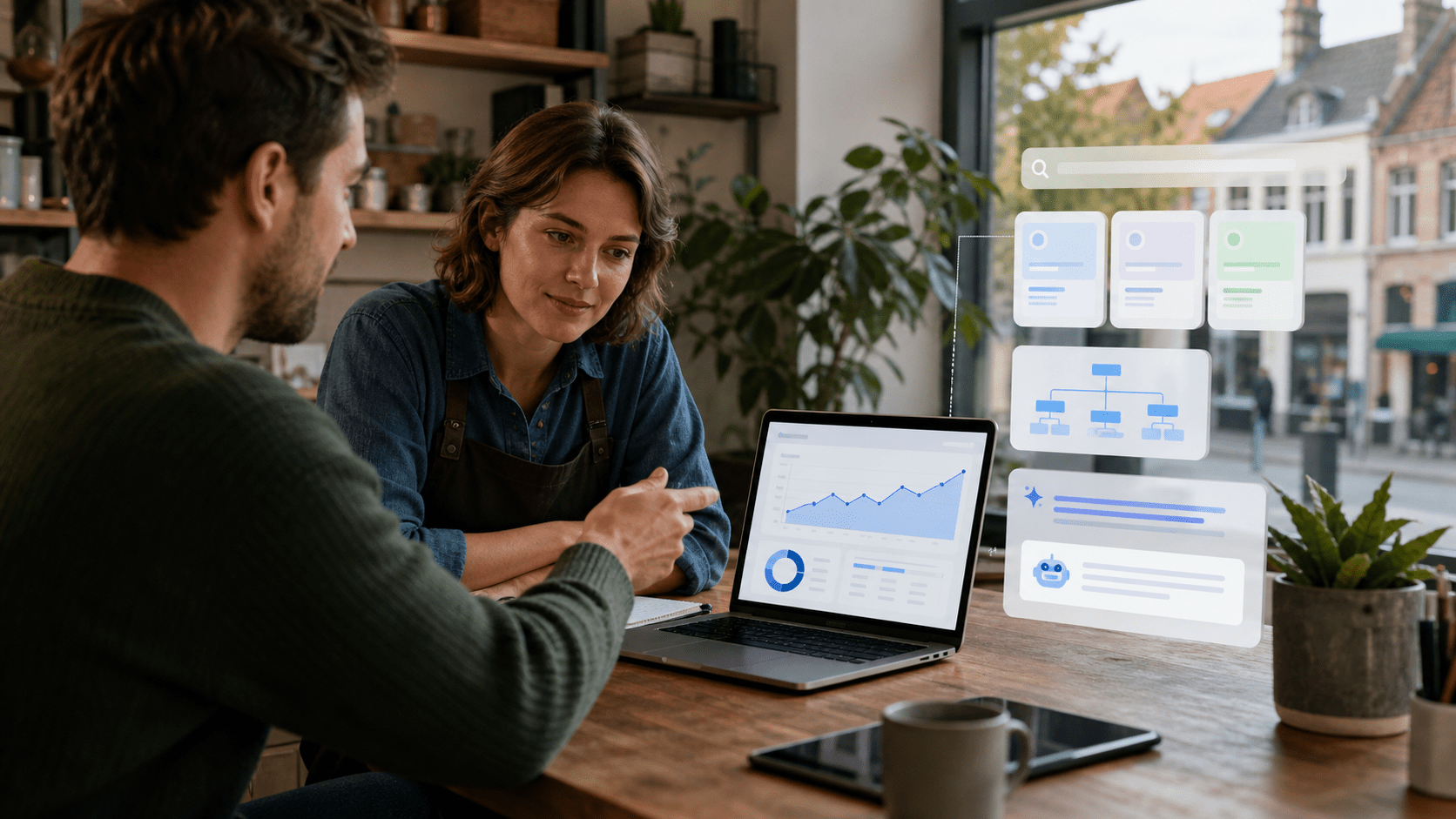 Blog SEO, IA et visibilité digitale 7 Consultant expliquant le SEO à une entreprise belge avec graphique de visibilité organique et signaux de recherche