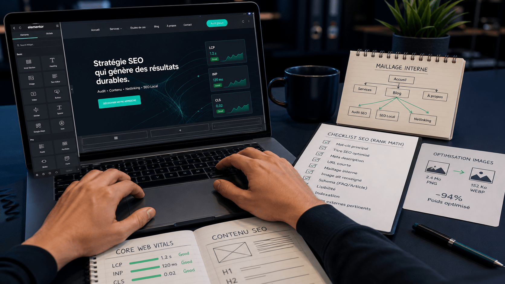 SEO Elementor : le guide complet pour optimiser un site WordPress sans casser le design 2 Stratégie de contenu Elementor avec plan H1 H2 FAQ, liens internes et sources Google Search Central pour un article SEO