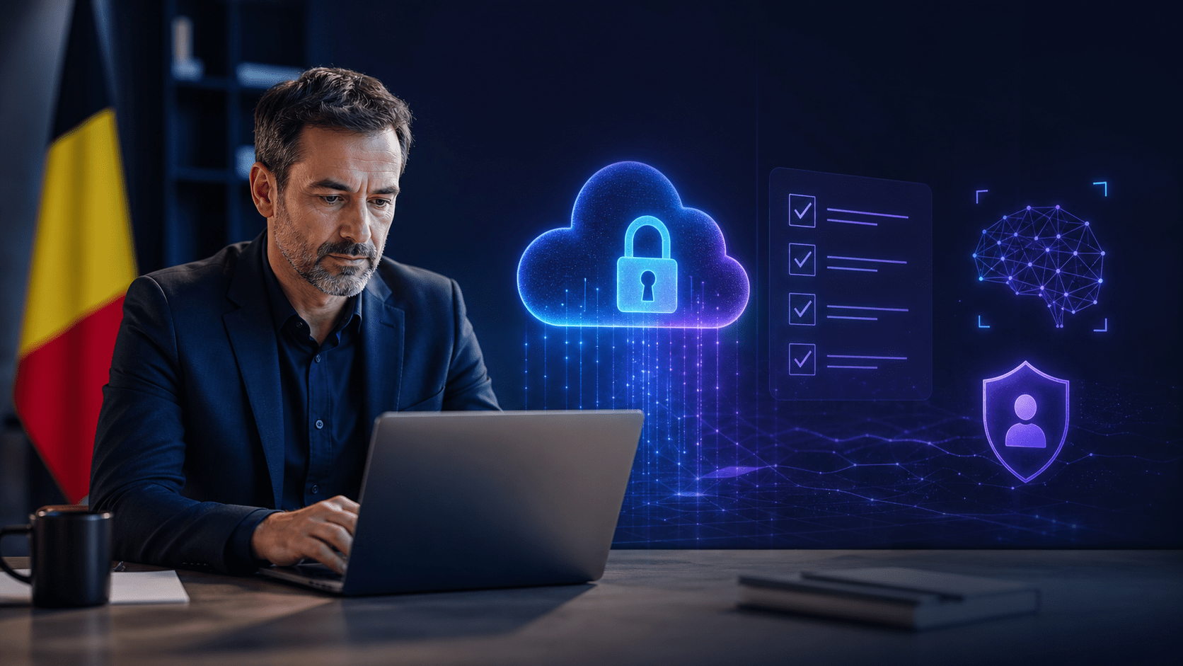 Tendances tech Belgique 2026 : IA, cybersécurité et SEO pour PME 1 Responsable de PME belge travaillant sur conformité NIS2, cybersécurité et gouvernance IA