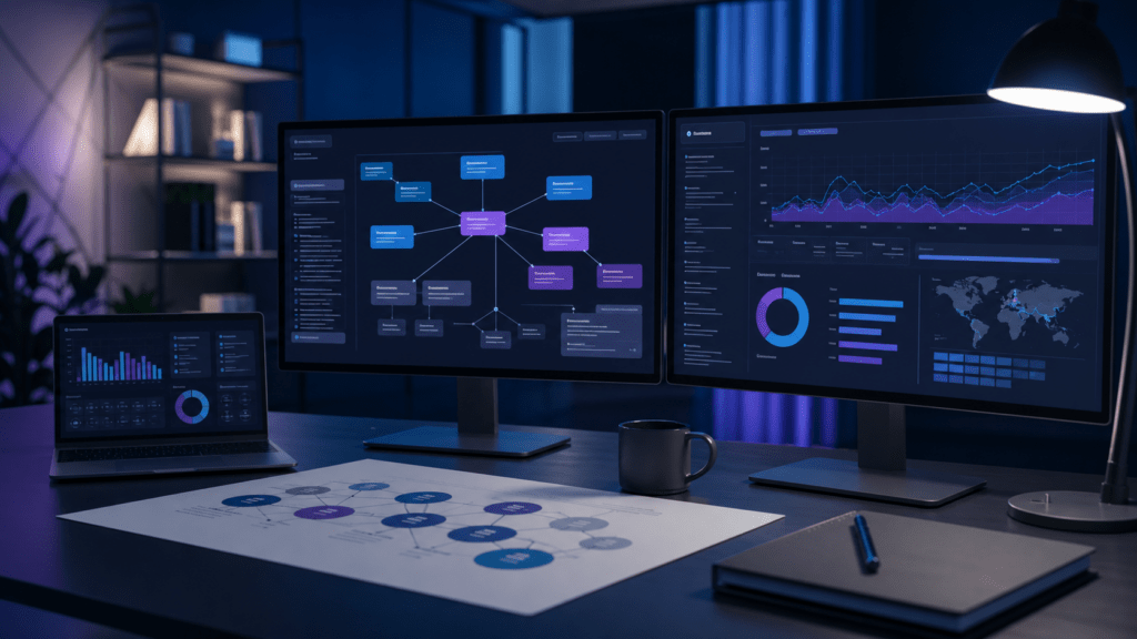 Dirigeants de PME belge analysant IA, SEO et cybersécurité sur un tableau de bord digital