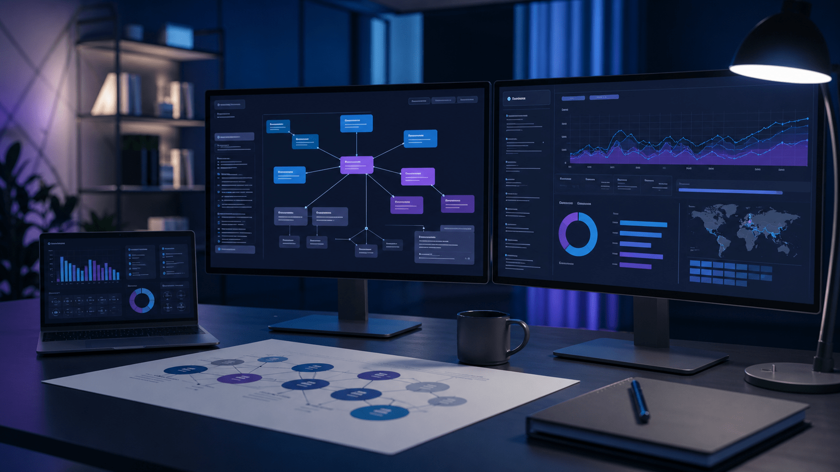 Blog SEO, IA et visibilité digitale 4 Dirigeants de PME belge analysant IA, SEO et cybersécurité sur un tableau de bord digital